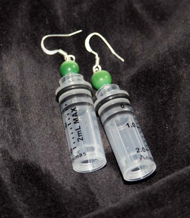 "Insulin on Board" Earrings: $10. Made from full-size used insulin pump cartridges. ($9.50 goes to the JDRF)